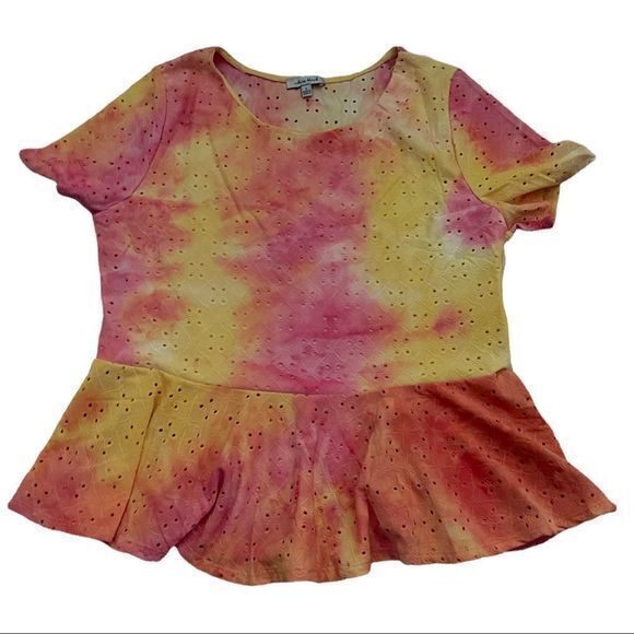 NWOT White Birch Women's Short Sleeve Eyelet Blouse Top Tie-dye Multicolor Large - Picture 1 of 4